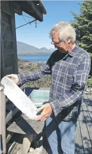  ??  ?? Biologist Jim Darling examines an ancient whale bone at Echachist, B.C., a former native whaling site near Tofino.