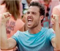  ?? AP ?? Italy’s Marco Cecchinato celebrates winning his fourth round match against Belgium’s David Goffin 7-5, 4-6, 6-0, 6-3. —