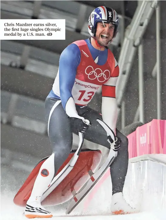  ??  ?? Chris Mazdzer celebrates after his fourth and final run Sunday clinched a men’s singles luge medal at the Olympic Sliding Centre in Pyeongchan­g, South Korea. The silver medalist later said, “I’m amped. It’s weird. It’s amazing.” ERIC SEALS/USA TODAY...