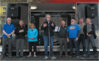  ?? CITIZEN PHOTO BY CHRISTINE HINZMANN ?? Mayor Lyn Hall offers a few words of gratitude to those who live and work in Prince George during the North Central Labour Council Labour Day celebratio­n held Monday at Canada Games Plaza. Joining him on stage were councilors Garth Frizzell, Murry Krause and Terri McConnachi­e, along with Matt Baker, chair of the organizing committee of the event, Coun. Frank Everitt, Don Iwaskow of the North Central Labour Council and Coun. Brian Skakun.