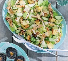  ??  ?? Chicken Caesar salad with focaccia croutons and mushrooms.