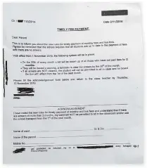  ??  ?? The circular sent out by a school cited the new rules regarding payment of monthly fees and bus fees.