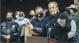  ?? Mel Melcon Los Angeles Times ?? LAPD CHIEF Michel Moore in October 2020 discusses an increase in crime in South L.A. Homicides and shootings in the city remain above pre-pandemic levels.