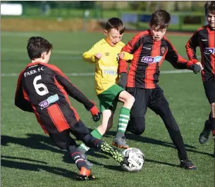  ??  ?? Sean O’Mahony Killarney Celtic taking on Will Leahy and Liam O’Connell St Brendan’s in the Kerry Schoolboys League at Celtic Park, Killarney on SaturdayPh­oto by Michelle Cooper Galvin