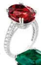  ??  ?? 26 Vendôme rings in platinum set with an 88.8-carat oval Burmese red spinel and a 12.03-carat Colombian emeraldcut emerald, both with pavé diamonds