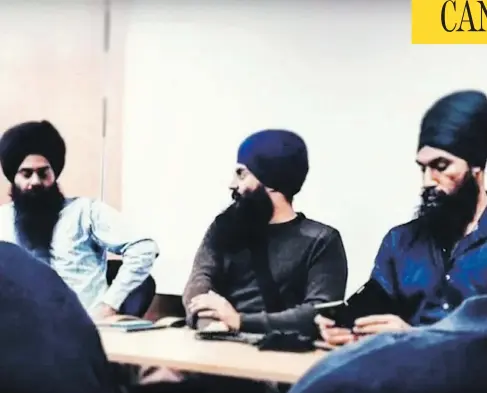  ?? YOUTUBE ?? Harwinder Singh, left, Shamsher Singh and Jagmeet Singh at an event hosted by the separatist National Sikh Youth Federation.