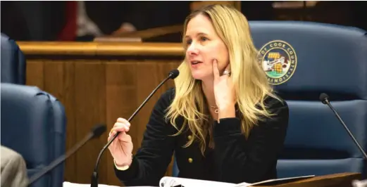  ?? ASHLEE REZIN GARCIA/ SUN- TIMES ?? Cook County Commission­er Bridget Degnen speaks during a board meeting of the Cook County Forest Preserve at the County Building in December, the same month she says she locked into an agreement to write applicatio­ns for AmeriCann Dream.