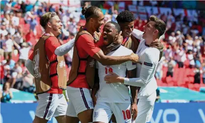  ?? - UEFA/UEFA/Getty Images ?? Raheem Sterling, centre, celebrates after scoring for England against Croatia in the group stages of Euro 2020. Photograph: Shaun Botterill