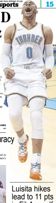  ?? AFP ?? Russell Westbrook of the Oklahoma City Thunder reacts on the court before the game against the Utah Jazz at Chesapeake Energy Arena in Oklahoma City, Oklahoma.