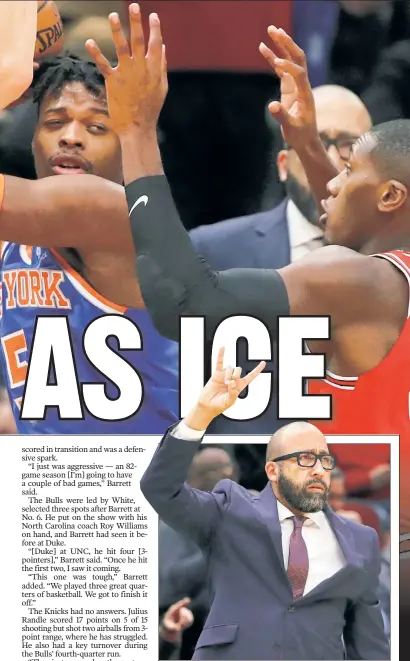 ?? AP (2) ?? LOSING CAUSE: Coach David Fizdale calls out a play during Tuesday’s 120-102 loss, the Knicks’ ninth in their first 11 games, as Dennis Smith Jr. (top) was swarmed by defenders in his return to action.