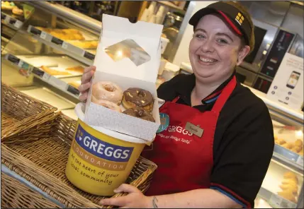  ??  ?? Dannelle Maxwell with some of the treats you can get from Greggs if you host a tea party in your home for the elderly, below