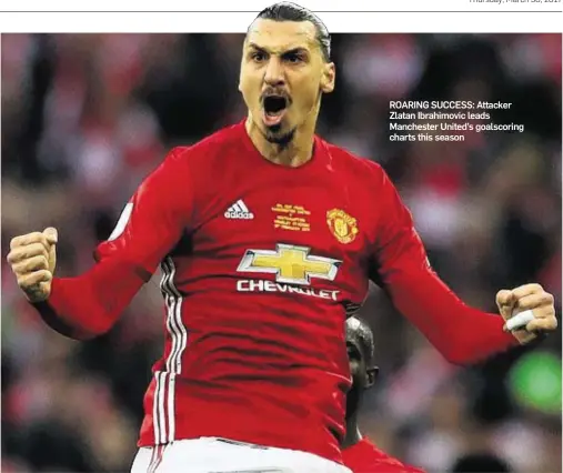  ??  ?? ROARING SUCCESS: Attacker Zlatan Ibrahimovi­c leads Manchester United’s goalscorin­g charts this season