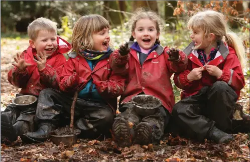  ?? Picture: Colin Mearns ?? „ Left to right: Oliver Mason, 4, Ruben Millard, 3, Frankie Durnan, 3 and Millie Mcintosh, 4, play with the Woodland Outdoor Kindergart­en.