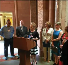  ??  ?? Mary Ellen O’Loughlin, who was abused by her step-father at a young age, speaks in support of Child Victims Act.