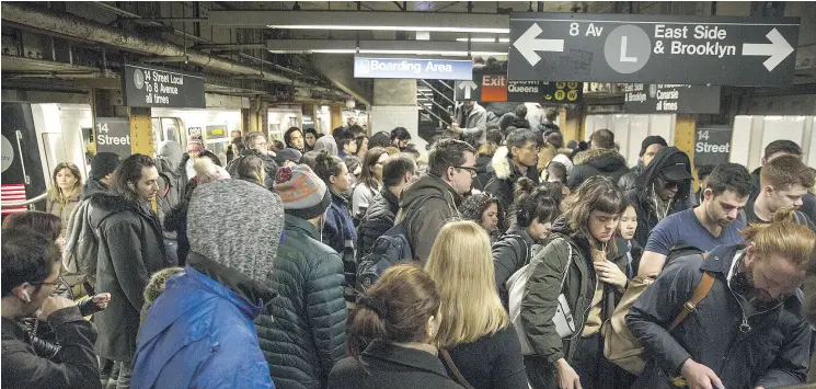  ?? VICTOR J. BLUE / BLOOMBERG ?? The L train subway station at 14th Street and Union Square in New York City. New York’s Metropolit­an Transporta­tion Authority is closing the L line for extensive repairs.