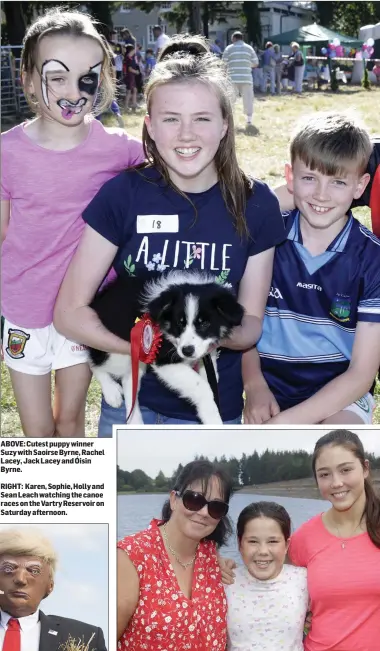  ??  ?? ABOVE: Cutest puppy winner Suzy with Saoirse Byrne, Rachel Lacey, Jack Lacey and Óisin Byrne.
RIGHT: Karen, Sophie, Holly and Sean Leach watching the canoe races on the Vartry Reservoir on Saturday afternoon.