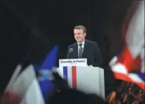  ?? STEVE FINN / SPLASHNEWS ?? French President Emmanuel Macron delivers victory speech at the Museum de