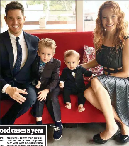  ??  ?? Heartbreak­ing diagnosis: The 41-year-old crooner and wife Luisana Lopilato, with their sons Noah, , and nine-month-old Elias