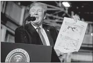  ?? AP/EVAN VUCCI ?? President Donald Trump, speaking Wednesday in Lima, Ohio, holds up a map showing the decrease in land controlled by ISIS forces in Iraq and Syria since he took office.