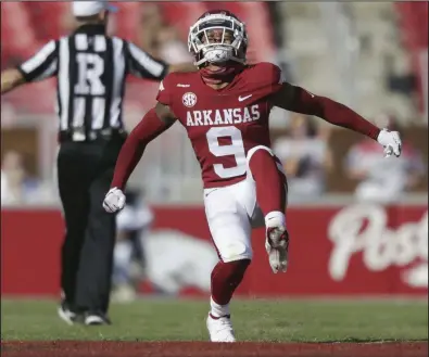  ?? (NWA Democrat-Gazette/Charlie Kaijo) ?? Greg Brooks is seen as a leader among an experience­d group of cornerback­s and nickelback­s for the University of Arkansas. Brooks, a junior, is coming off a 2020 season in which he had 39 tackles, 2 intercepti­ons and 3 pass breakups.