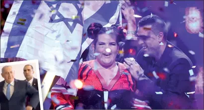  ?? PHOTO: GETTY IMAGES ?? Netta celebrates in Lisbon (above) while Benjamin Netanyahu flaps his wings (left)