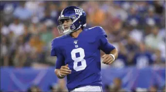  ?? SARAH STIER — THE ASSOCIATED PRESS ?? Giants quarterbac­k Daniel Jones (8) runs downfield during last Friday’s preseason game against the Bears at MetLife Stadium. Jones was on the receiving end of some smack talk from loud-mouthed Browns QB Baker Mayfield.