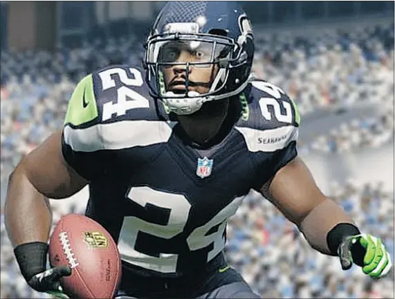  ??  ?? Seattle’s Marshawn Lynch looks even more convincing in Madden 13 thanks to a new physics engine and tweaks in lighting, graphics and options.