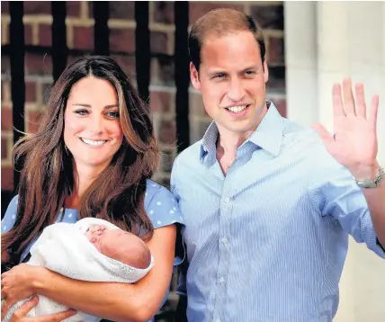  ??  ?? > July 23, 2013: William and Kate leave St Mary’s Hospital with newborn Prince George