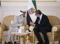  ?? Hamad Al Kaabi / Ministry of Presidenti­al Affairs ?? Sheikh Mohamed meets Aleksandar Vucic, President of Serbia, at the Presidenti­al Airport in Abu Dhabi