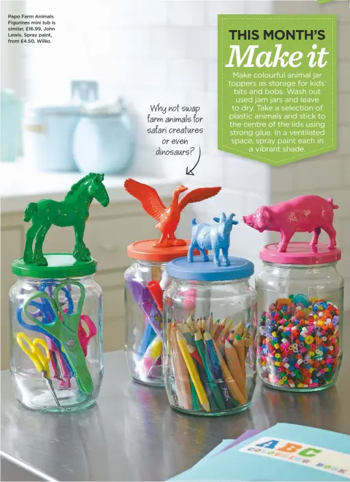  ??  ?? Why not swap farm animals for safari creatures or even dinosaurs? Papo Farm Animals Figurines mini tub is similar, £16.99, John Lewis. Spray paint, from £4.50, Wilko.