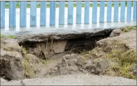  ?? (AP/The National Butterfly Center) ?? This photo provided by the National Butterfly Center shows damage Sunday caused by Tropical Storm Hanna at the Fisher border wall, a privately funded border fence on the Rio Grande River near Mission, Texas.