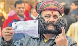  ?? PTI ?? ■ Girdhar Vyas, who claims to sport the longest moustache in the world, after casting his vote in assembly elections, in Bikaner, Rajasthan, on Friday.