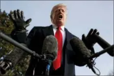  ?? CAROLYN KASTER - THE ASSOCIATED PRESS ?? President Donald Trump talks to media before boarding Marine One on the South Lawn of the White House in Washington, Saturday, Dec. 8, for the short trip to Andrews Air Force Base en route to Philadelph­ia to attend the ArmyNavy Football Game.