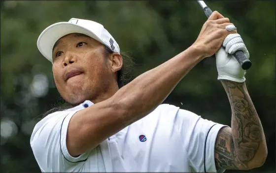  ?? MIKE STOBE — LIV GOLF VIA AP ?? Anthony Kim hits his shot during the LIV Golf tournament last month at the Hong Kong Golf Club Fanling in Hong Kong.