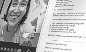  ?? JEFF LANGE/AKRON BEACON JOURNAL ?? Mark Merzweiler, bottom, works through an English reading exercise with one of his Ukrainian students, Nastiya Khamurda, during an online class Thursday in Akron.