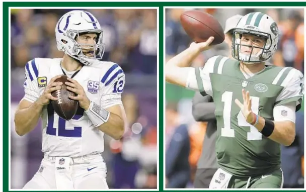  ?? PHOTOS BY GETTY ?? Sam Darnold won’t be able to avoid comparison­s to the top QBs in the league, including Andrew Luck, who brings his Colts to MetLife today.