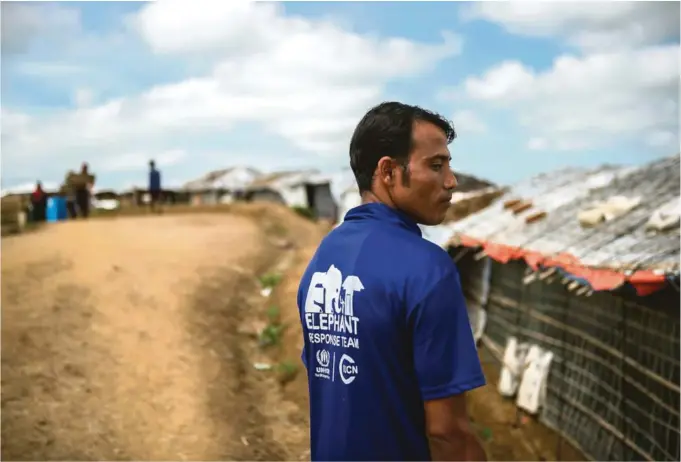  ?? FOTO: NTB SCANPIX ?? ELEFANTVAK­T: Moni Ahmed jobber som elefantvak­t i flyktningl­eiren Kutupalong i Bangladesh, der det bor over en million flyktninge­r, de aller fleste rohingyaer som har flyktet fra volden i hjemlandet Myanmar. Men området er også leveområde­t til ville elefanter, og det fører ofte til konflikter.