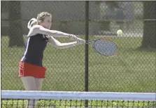  ??  ?? Heritage singles player Bailey Christol looks to backhand a return during a postseason match at Lakeshore
Park in Dalton. The Lady Generals saw their season end with a loss to Lagrange in the Round of 16 last week.