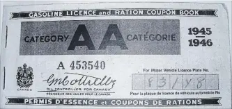  ?? SPECIAL TO THE EXAMINER ?? Chef Brian Henry's grandmothe­r used this gasoline and ration book in the Marmora area during the Second World War.