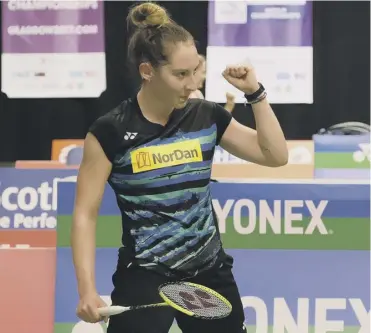  ??  ?? 0 Kirsty Gilmour celebrates after beating India’s Rituparma Das 21-16, 21-13.