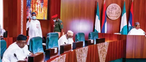  ?? Photo NAN ?? From left: National Security Adviser, retired Major-Gen Babagana Monguno; Chief of Staff to the President, Prof Ibrahim Gambari and President Muhammadu Buahri during a meeting on Lake Chad Basin at the Presidenti­al Villa in Abuja, yesterday