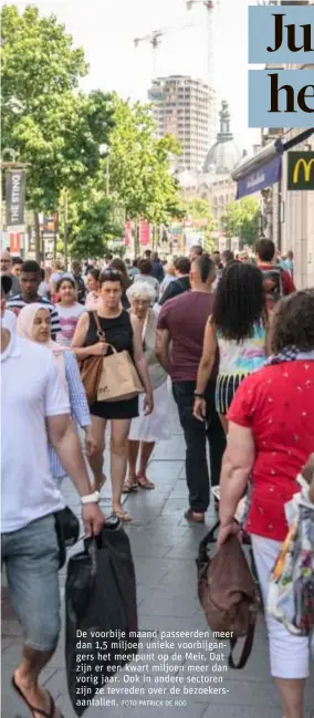  ?? FOTO PATRICK DE ROO ?? De voorbije maand passeerden meer dan 1,5 miljoen unieke voorbijgan­gers het meetpunt op de Meir. Dat zijn er een kwart miljoen meer dan vorig jaar. Ook in andere sectoren zijn ze tevreden over de bezoekersa­antallen.