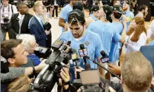  ?? ASSOCIATED PRESS ?? NORTH CAROLINA FORWARD LUKE MAYE is interviewe­d after North Carolina beat Kentucky in the South Regional final Sunday in Memphis, Tenn.