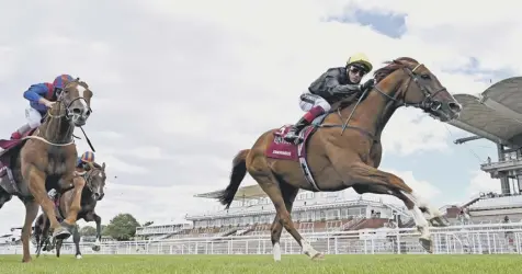  ??  ?? 0 John Gosden’s Stradivari­us ridden by Frankie Dettori, right, moves clear of his rivals to win The Al Shaqab Goodwood Cup.