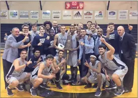  ?? Berry Athletics ?? The Berry College men’s basketball team celebrates its Southern Athletic Associatio­n tournament championsh­ip Sunday after defeating Hendrix 88-78 in Danville, Ky.