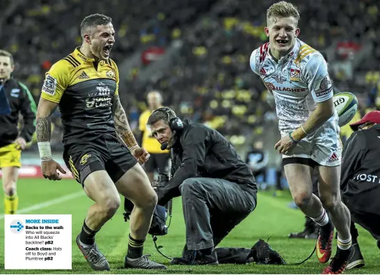  ?? PHOTOSPORT ?? TJ Perenara celebrates his try-saving tackle on Damian McKenzie last night, one of the moments that turned the game.