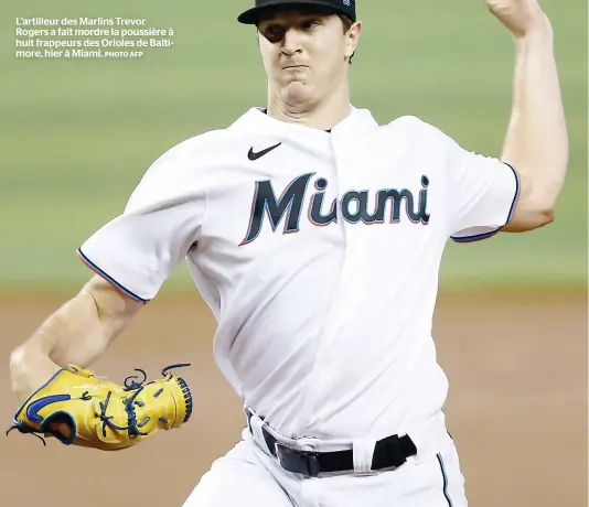  ?? PHOTO AFP ?? L’artilleur des Marlins Trevor Rogers a fait mordre la poussière à huit frappeurs des Orioles de Baltimore, hier à Miami.