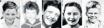  ??  ?? The victims of Moors Murderer Ian Brady, who has died in hospital. From left: John Kilbride, 12, 10-year-old Lesley Ann Downey, Edward Evans, 17, Pauline Reade, 16, and 12-year-old Keith Bennett, whose body has never been found