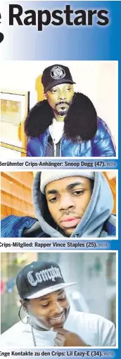  ?? INSTA
INSTA
INSTA ?? Berühmter Crips-Anhänger: Snoop Dogg (47).
Crips-Mitglied: Rapper Vince Staples (25).
Enge Kontakte zu den Crips: Lil Eazy-E (34).