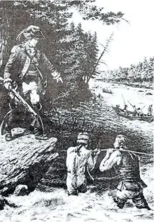  ?? SPECIAL TO THE EXAMINER ?? Sketch by Gary Zaboly depicting James Rogers at Pointe des Cascades in 1784 which appeared in Robert J. Rogers, U.E., Rising above Circumstan­ces: The Rogers Family in Colonial America (1998).